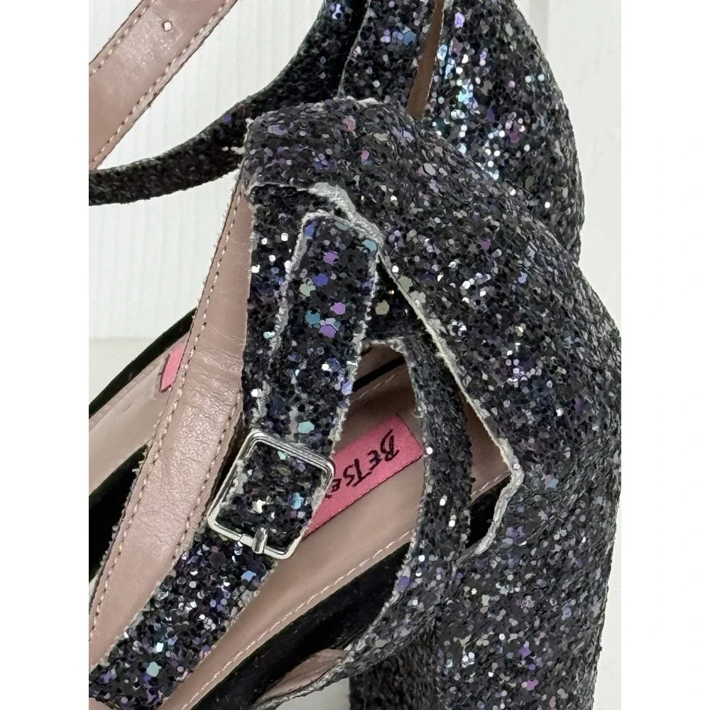 Betsey Johnson Glissten Black Glitter Heels Peep Toe Adjustable Ankle Strap Sz 9 - Picture 8 of 15